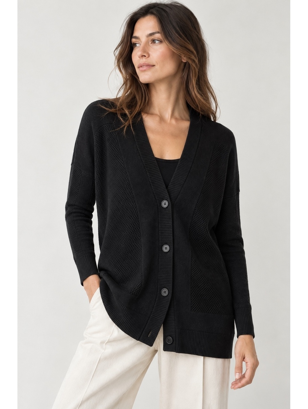 Vince Cardigan Womens S Black Wool Silk Oversized Textured Knit Button Sweater